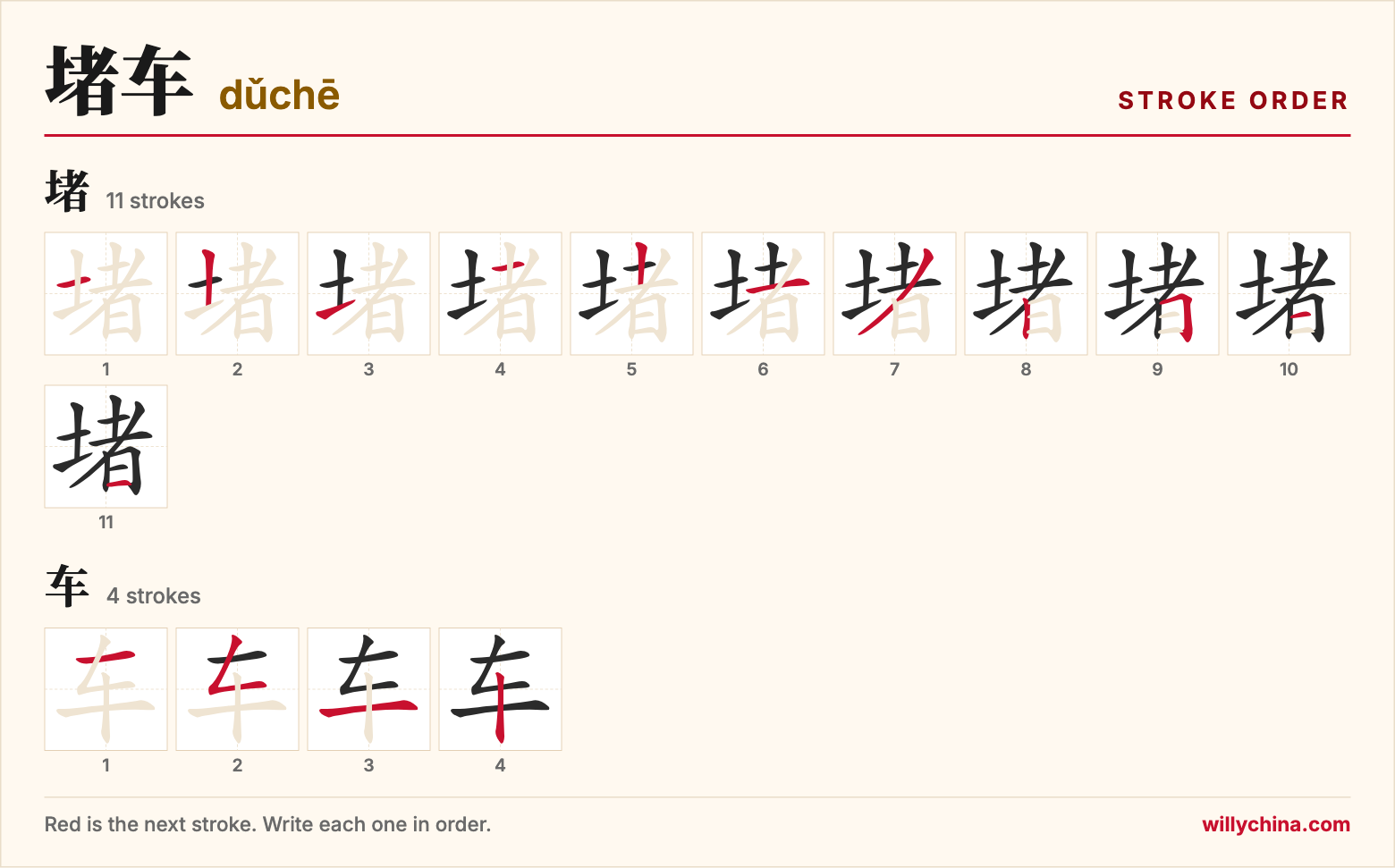 堵车 (dǔchē) stroke order chart: each stroke of the characters in the order you write them