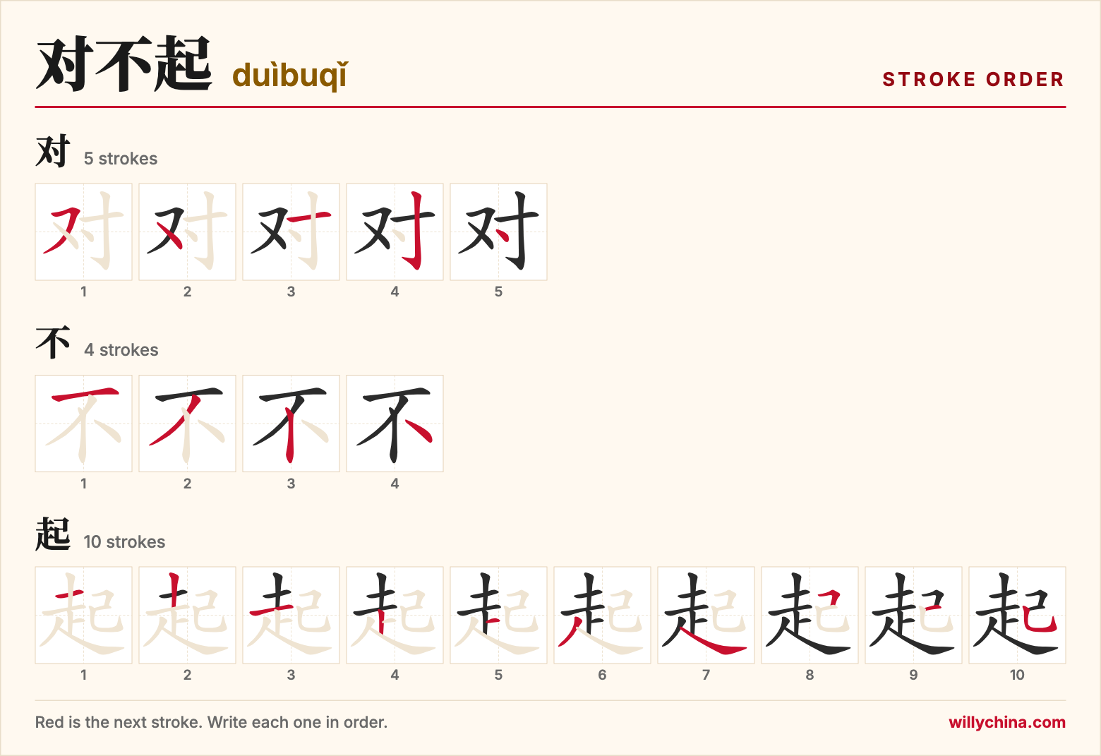 对不起 (duìbuqǐ) stroke order chart: each stroke of the characters in the order you write them