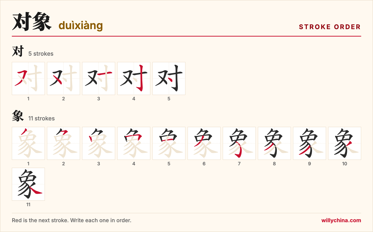 对象 (duìxiàng) stroke order chart: each stroke of the characters in the order you write them