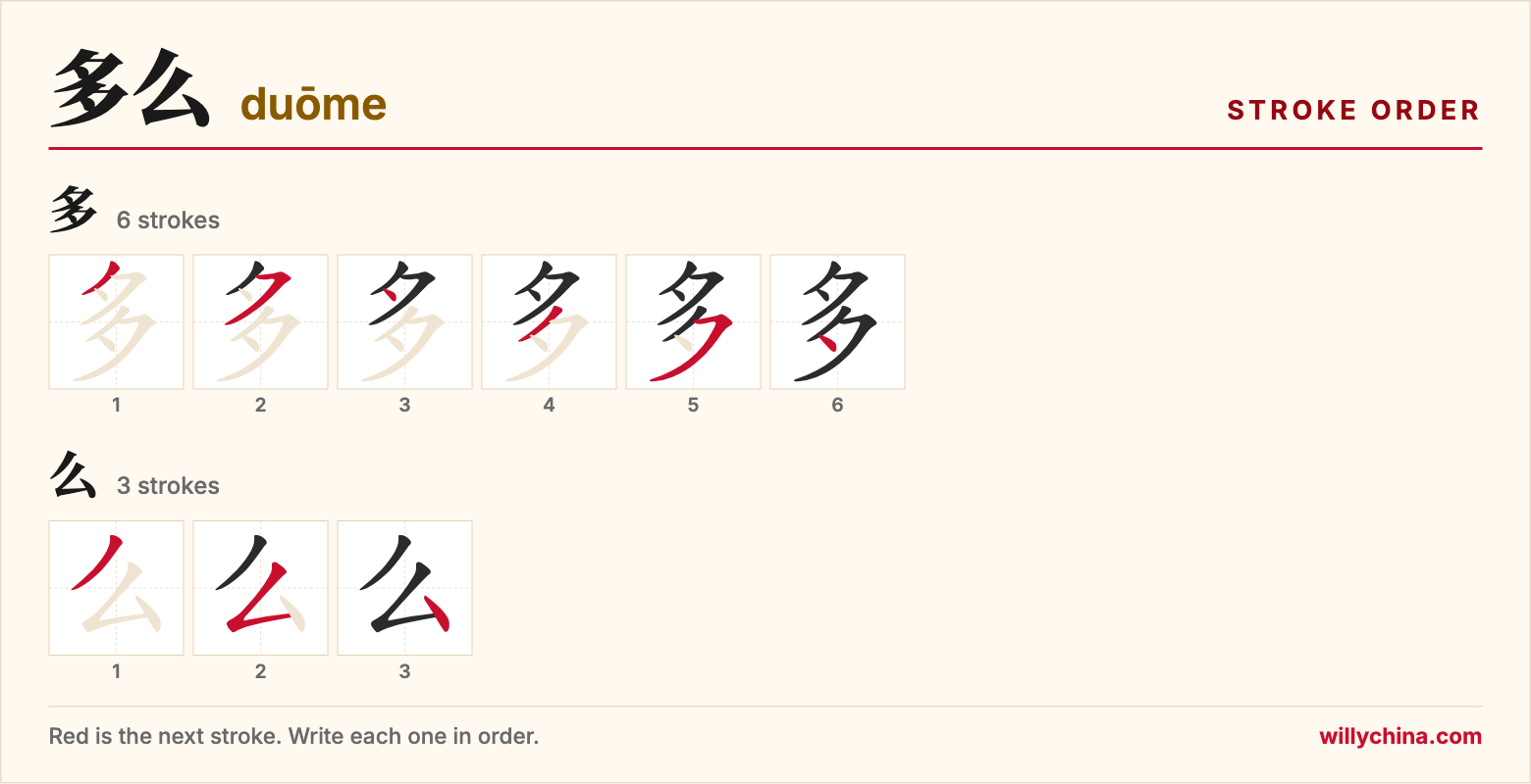 多么 (duōme) stroke order chart: each stroke of the characters in the order you write them