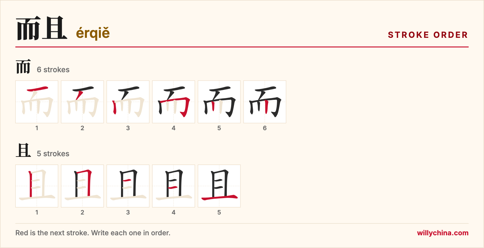 而且 (érqiě) stroke order chart: each stroke of the characters in the order you write them