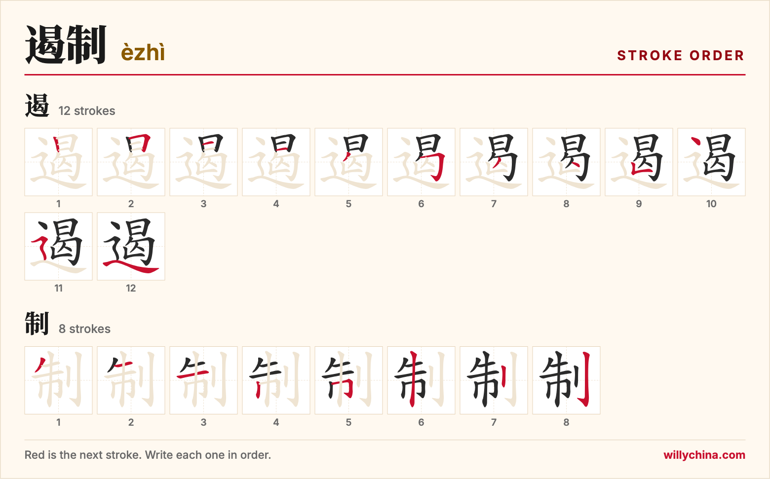 遏制 (èzhì) stroke order chart: each stroke of the characters in the order you write them