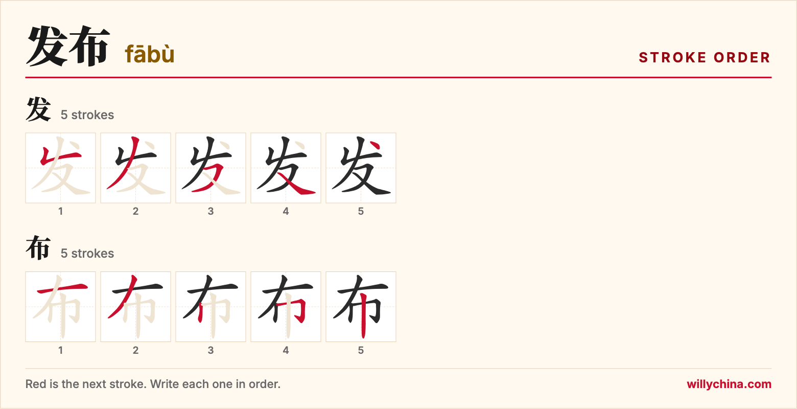 发布 (fābù) stroke order chart: each stroke of the characters in the order you write them