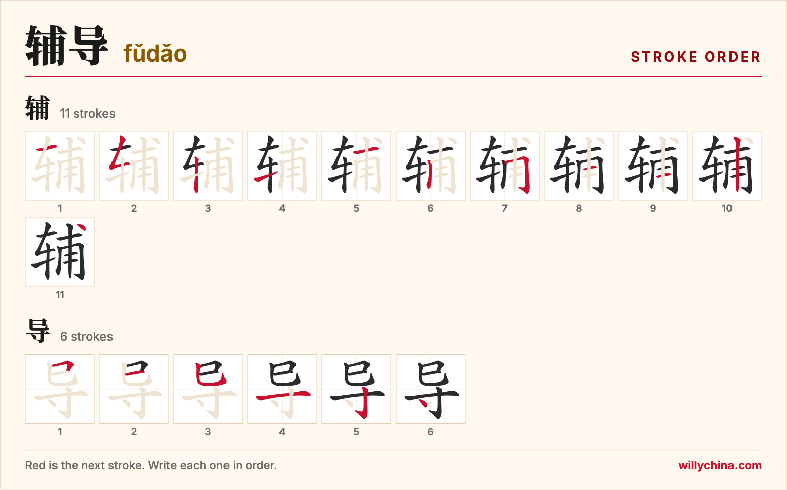 辅导 (fǔdǎo) stroke order chart: each stroke of the characters in the order you write them