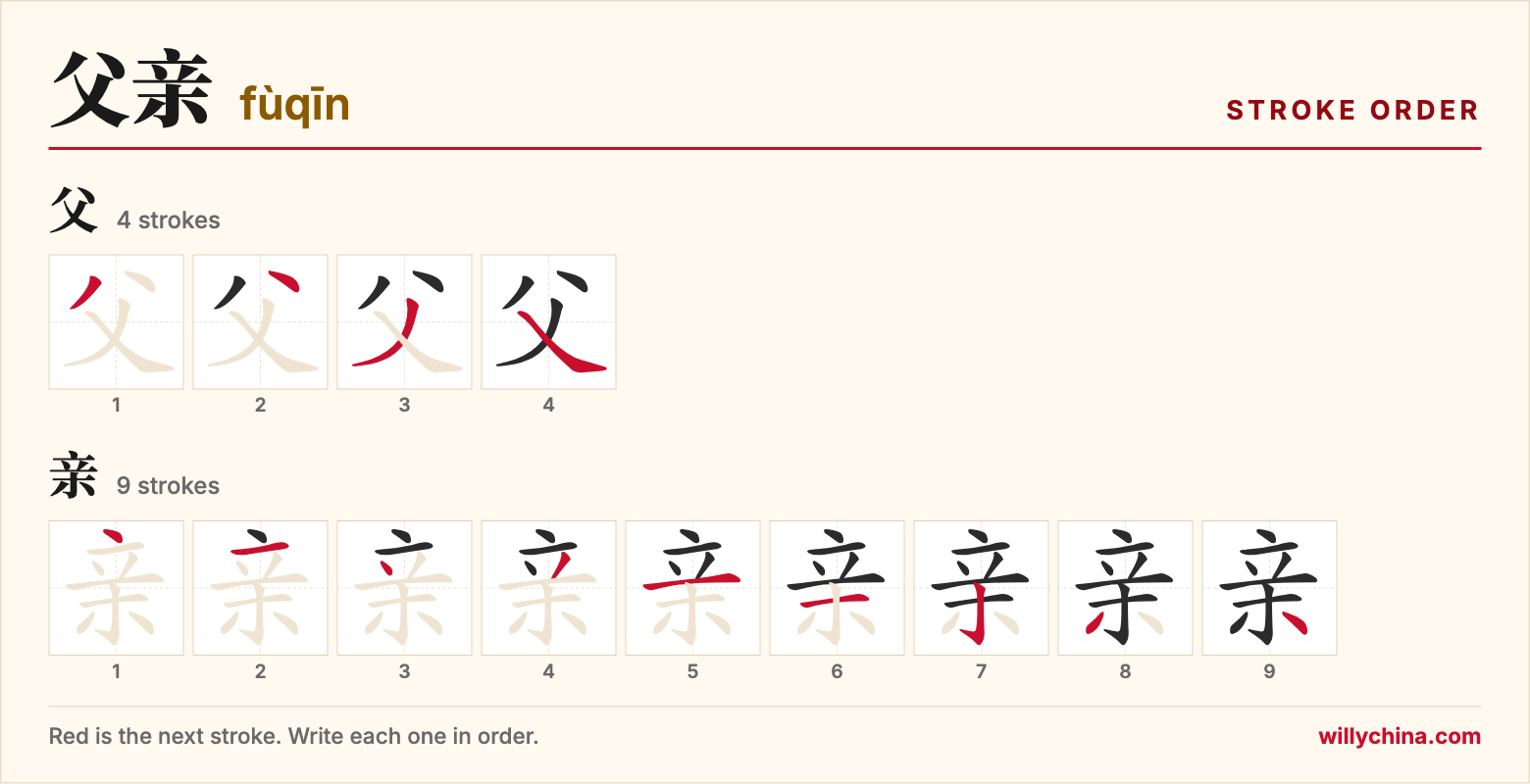 父亲 (fùqīn) stroke order chart: each stroke of the characters in the order you write them