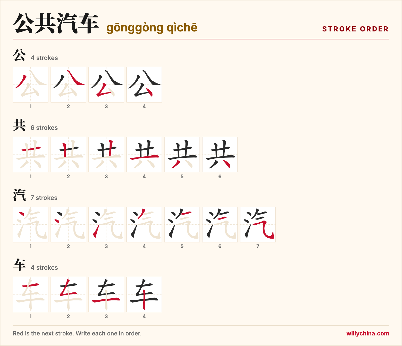 公共汽车 (gōnggòng qìchē) stroke order chart: each stroke of the characters in the order you write them