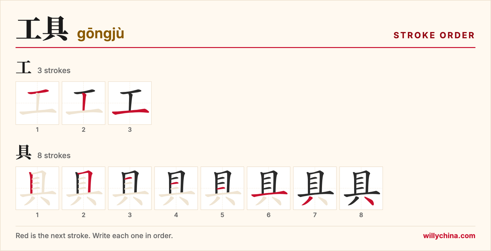 工具 (gōngjù) stroke order chart: each stroke of the characters in the order you write them