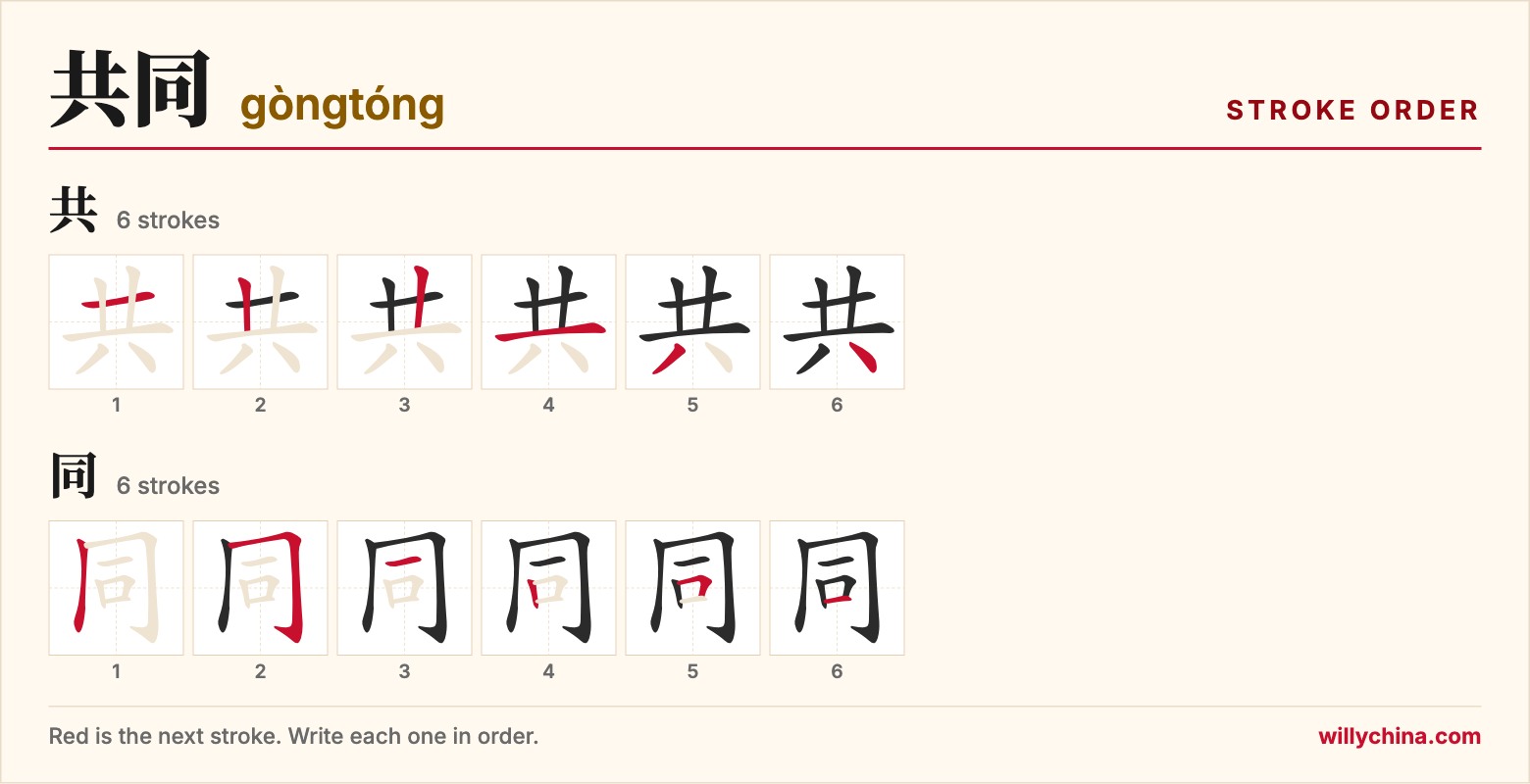 共同 (gòngtóng) stroke order chart: each stroke of the characters in the order you write them