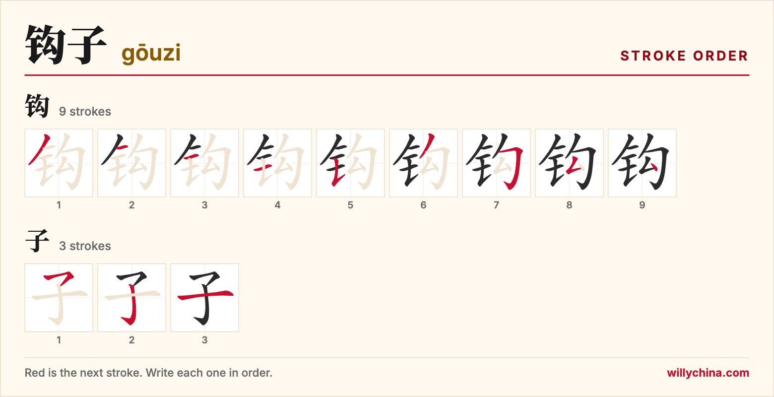 钩子 (gōuzi) stroke order chart: each stroke of the characters in the order you write them