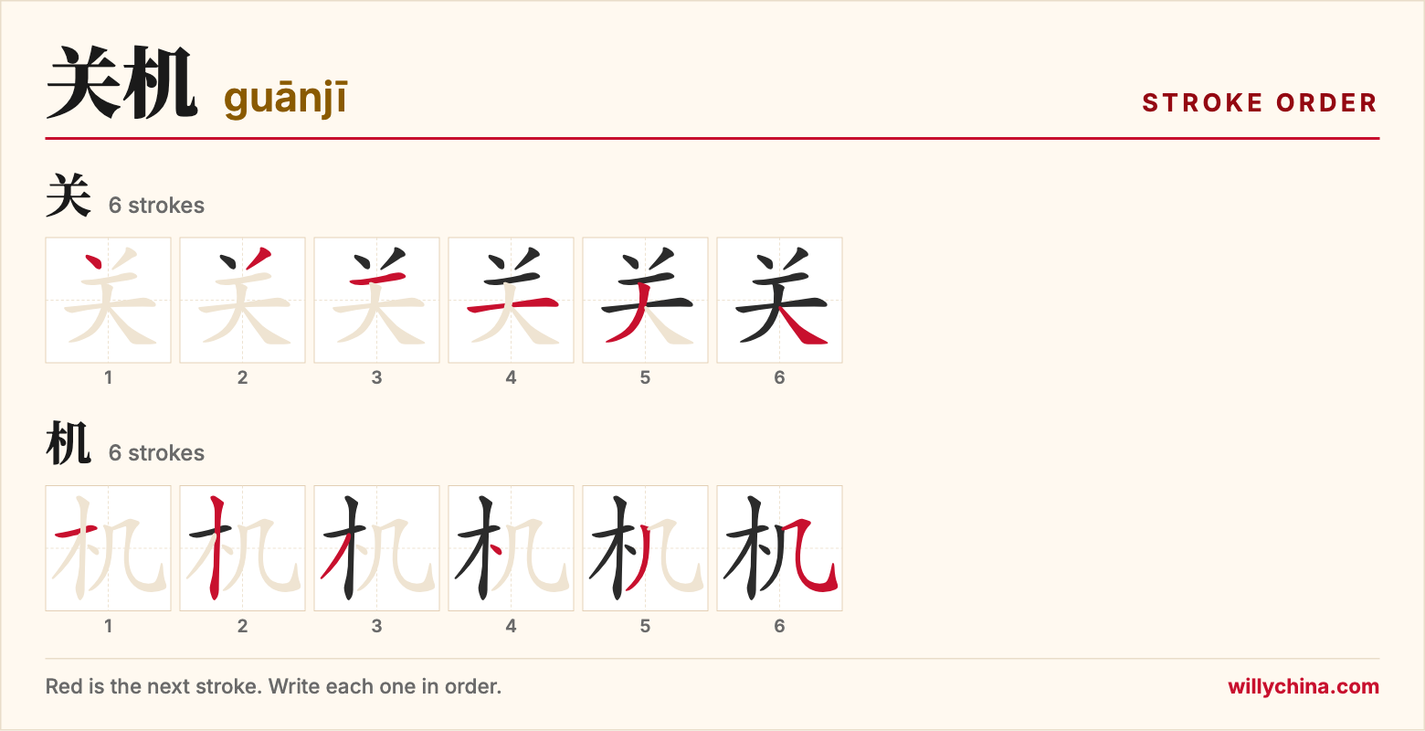 关机 (guānjī) stroke order chart: each stroke of the characters in the order you write them