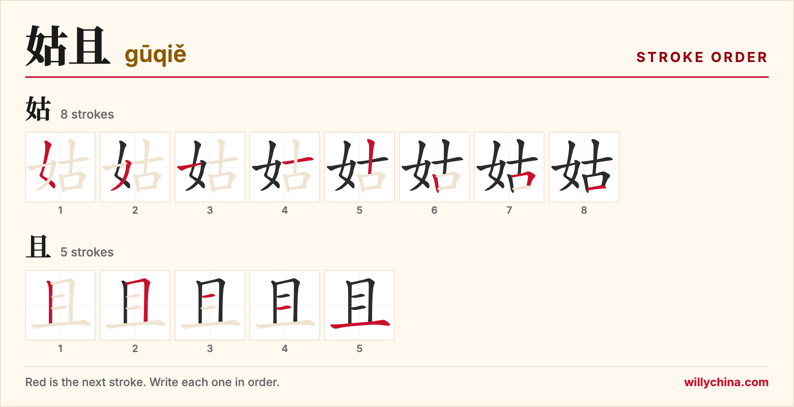 姑且 (gūqiě) stroke order chart: each stroke of the characters in the order you write them
