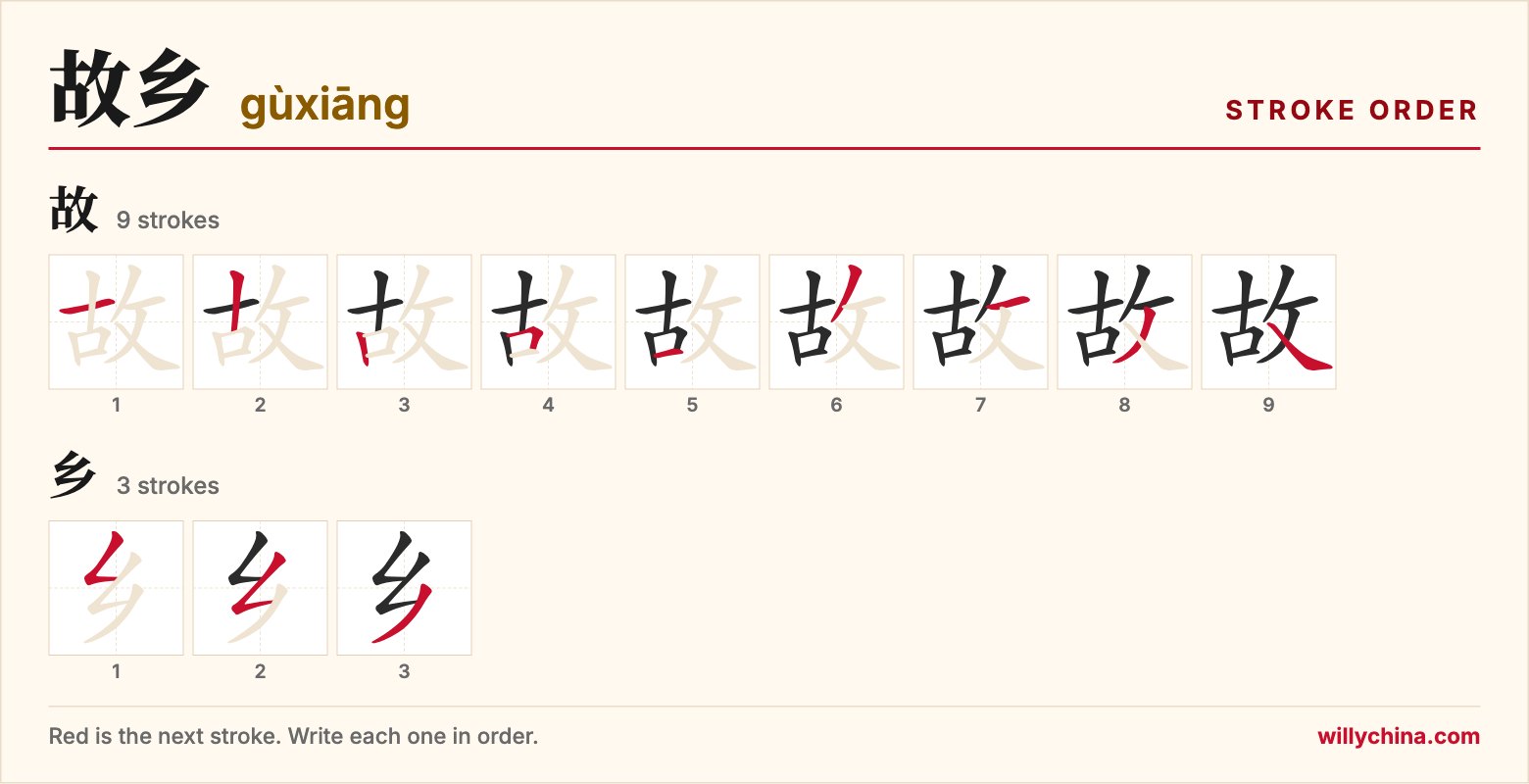 故乡 (gùxiāng) stroke order chart: each stroke of the characters in the order you write them