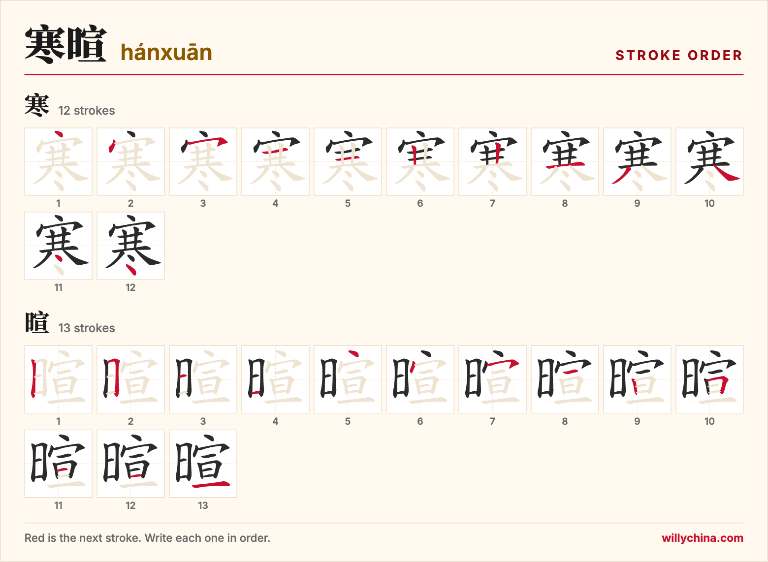 寒暄 (hánxuān) stroke order chart: each stroke of the characters in the order you write them