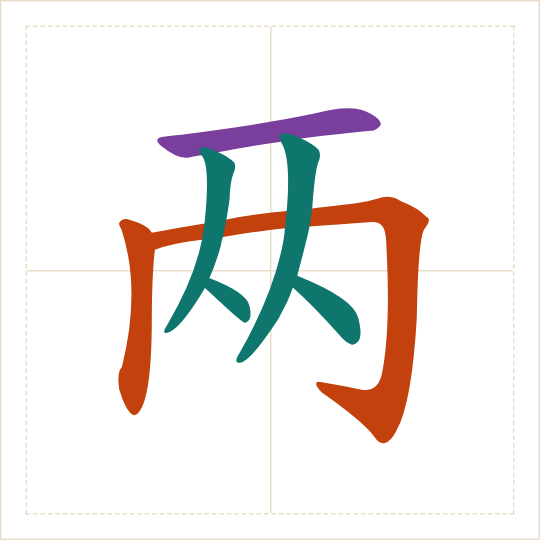 The character 两 (liǎng) with each of its parts in a different colour
