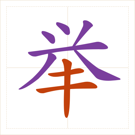 The character 举 (jǔ) with each of its parts in a different colour