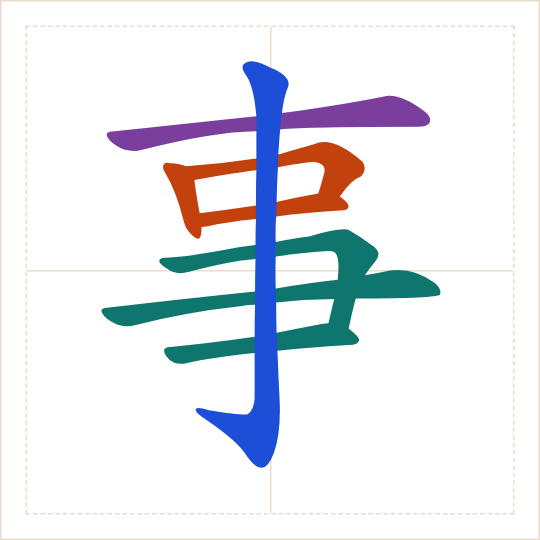 The character 事 (shì) with each of its parts in a different colour
