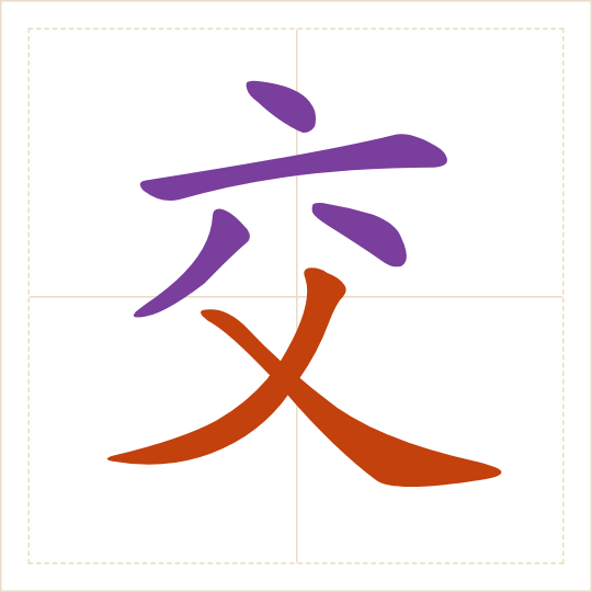 The character 交 (jiāo) with each of its parts in a different colour