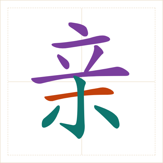 The character 亲 (qīn) with each of its parts in a different colour