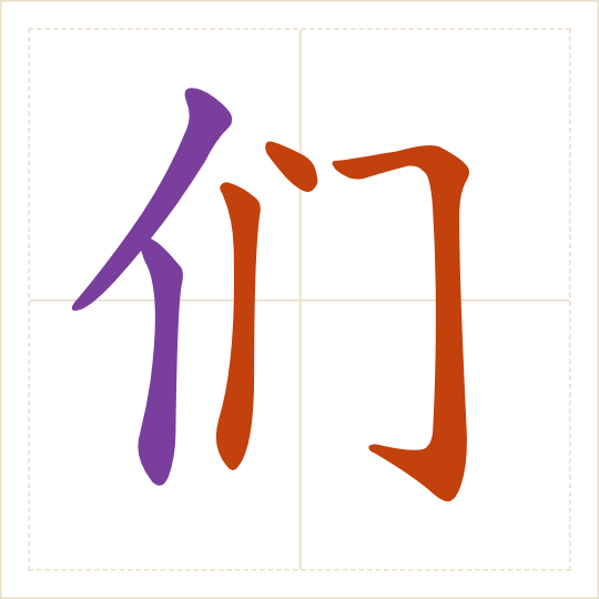The character 们 (men) with each of its parts in a different colour