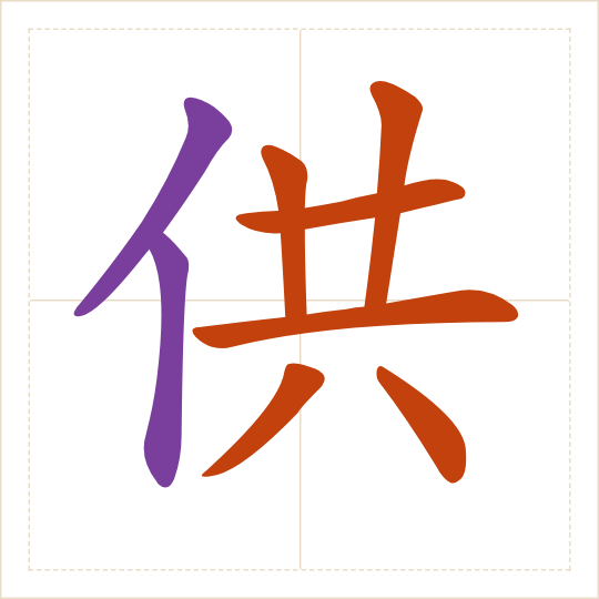 The character 供 (gōng) with each of its parts in a different colour