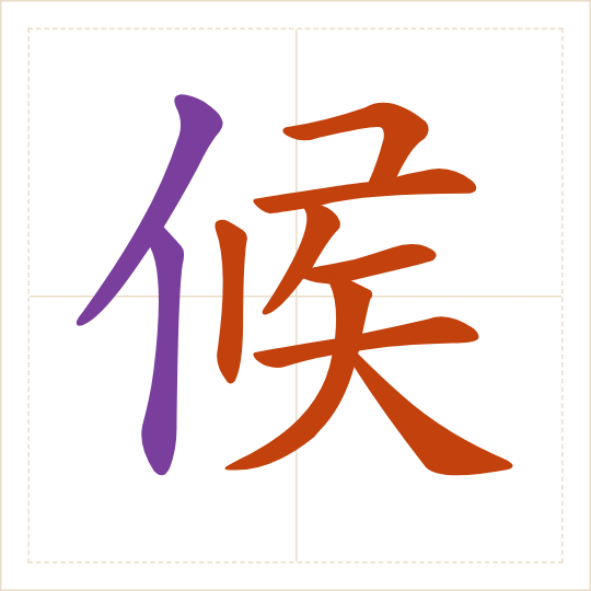 The character 候 (hòu) with each of its parts in a different colour