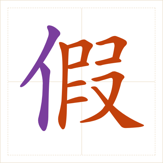 The character 假 (jià) with each of its parts in a different colour