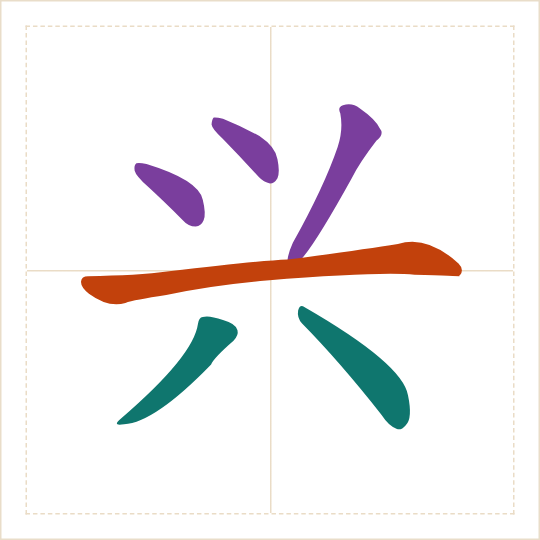 The character 兴 (xìng) with each of its parts in a different colour