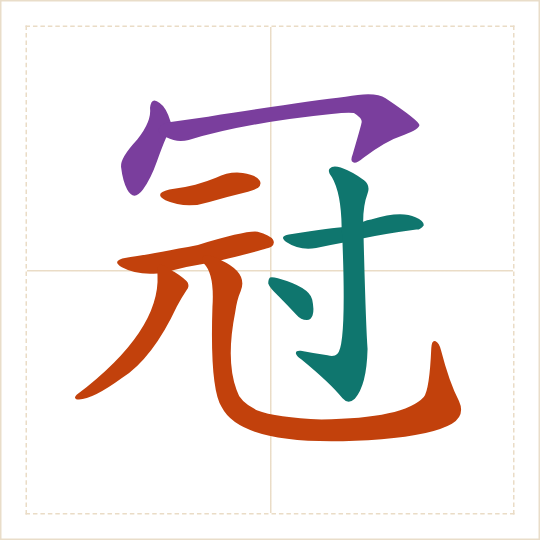 The character 冠 (guàn) with each of its parts in a different colour