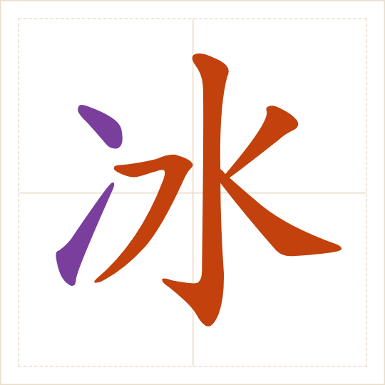 The character 冰 (bīng) with each of its parts in a different colour
