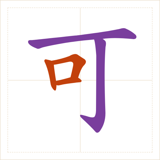 The character 可 (kě) with each of its parts in a different colour