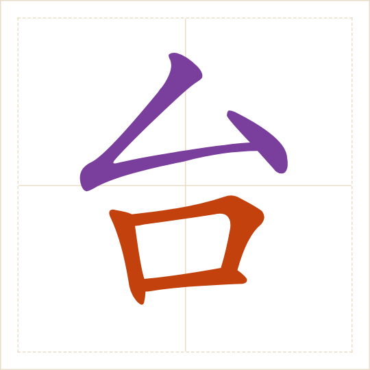 The character 台 (tái) with each of its parts in a different colour