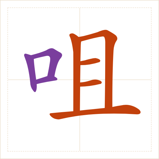 The character 咀 (jǔ) with each of its parts in a different colour