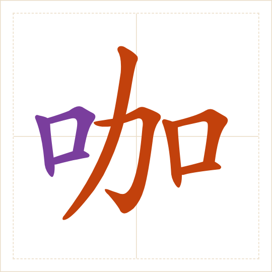 The character 咖 (kā) with each of its parts in a different colour