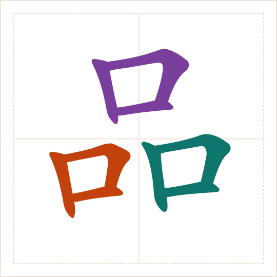 The character 品 (pǐn) with each of its parts in a different colour
