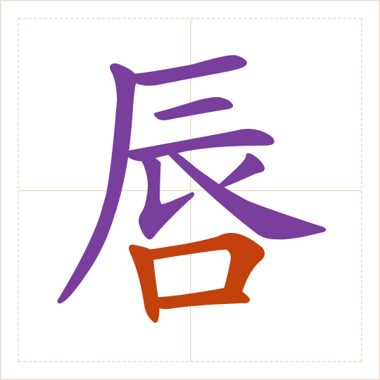 The character 唇 (chún) with each of its parts in a different colour