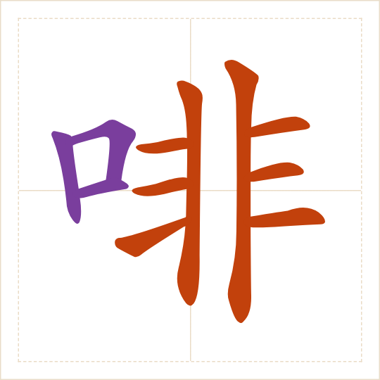 The character 啡 (fēi) with each of its parts in a different colour