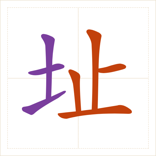 The character 址 (zhǐ) with each of its parts in a different colour