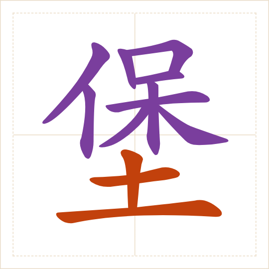The character 堡 (bǎo) with each of its parts in a different colour