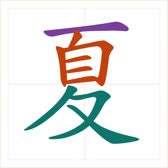 The character 夏 (xià) with each of its parts in a different colour