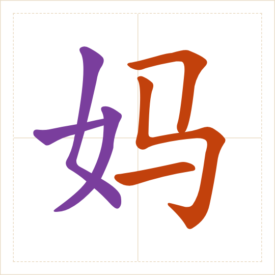 The character 妈 (mā) with each of its parts in a different colour