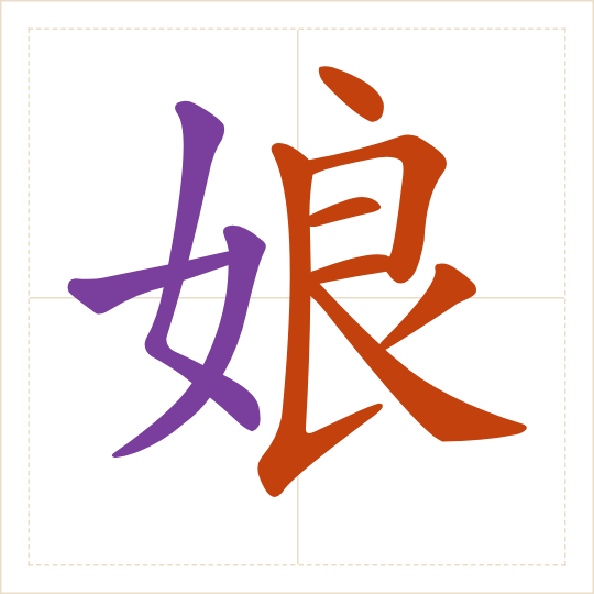 The character 娘 (niang) with each of its parts in a different colour