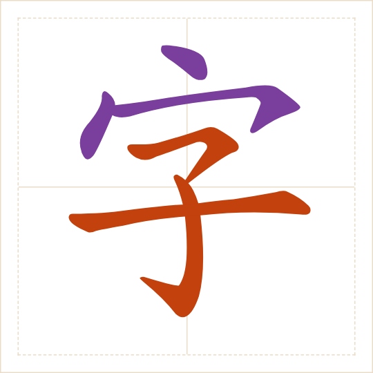 The character 字 (zì) with each of its parts in a different colour