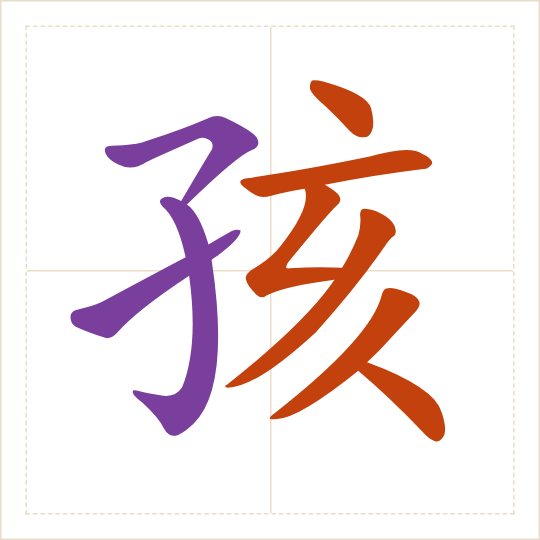 The character 孩 (hái) with each of its parts in a different colour