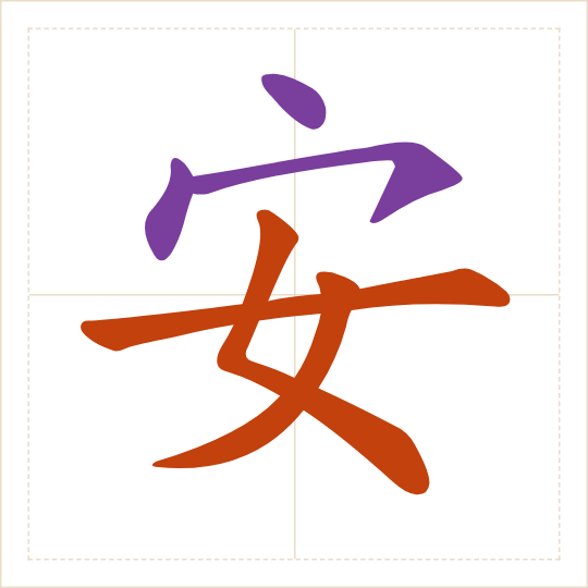 The character 安 (ān) with each of its parts in a different colour