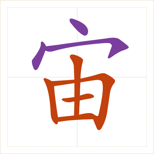 The character 宙 (zhòu) with each of its parts in a different colour