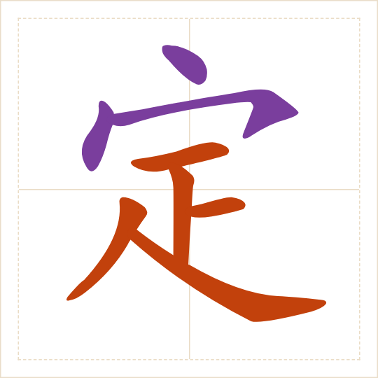The character 定 (dìng) with each of its parts in a different colour