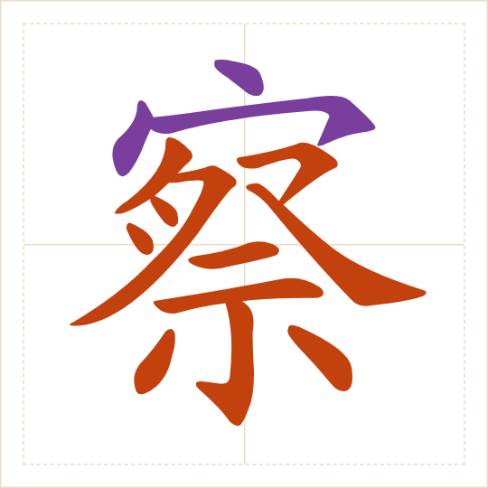 The character 察 (chá) with each of its parts in a different colour