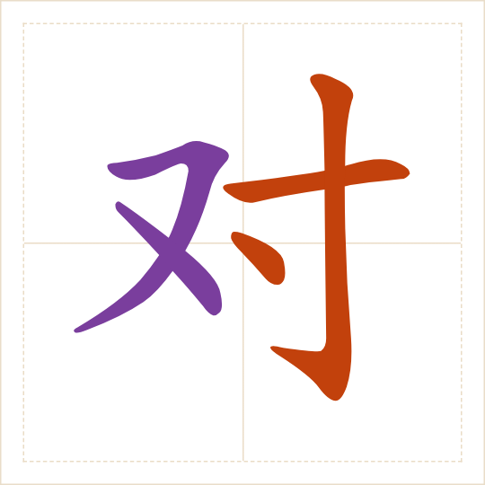 The character 对 (duì) with each of its parts in a different colour