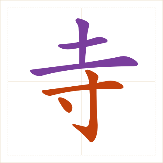 The character 寺 (sì) with each of its parts in a different colour