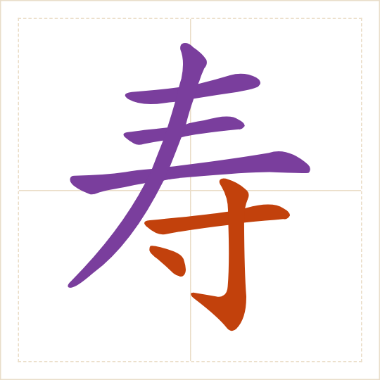 The character 寿 (shòu) with each of its parts in a different colour